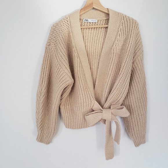 Zara Women Cropped Belted Cardigan Sweater Light Beige - Picture 11 of 14
